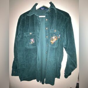 Vintage Disney Pooh Green Corduroy Embroidered Long Sleeve Button shirt Size M